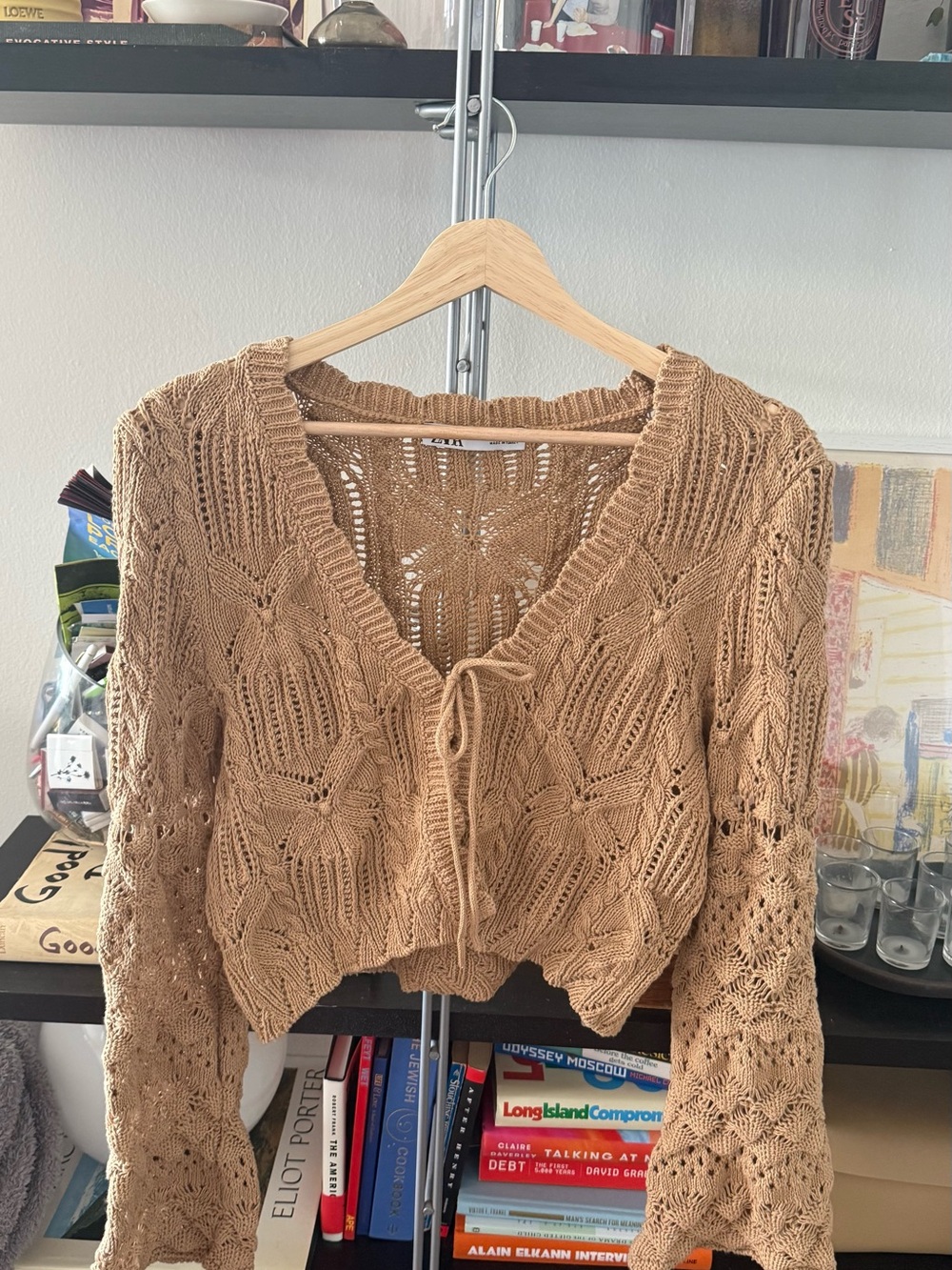 Zara Crochet Tie-Front Sweater Cardigan - Tan